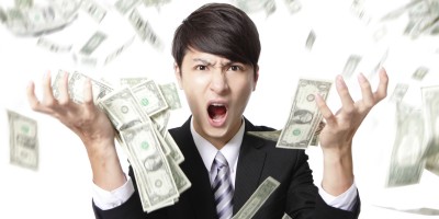 business man anger shouting with money rain